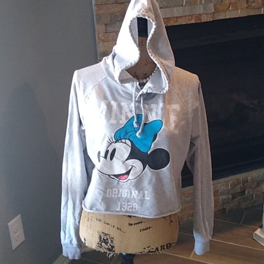 Disney Minnie Mouse Cropped Hoodie Sweatshirt Gray Size Large